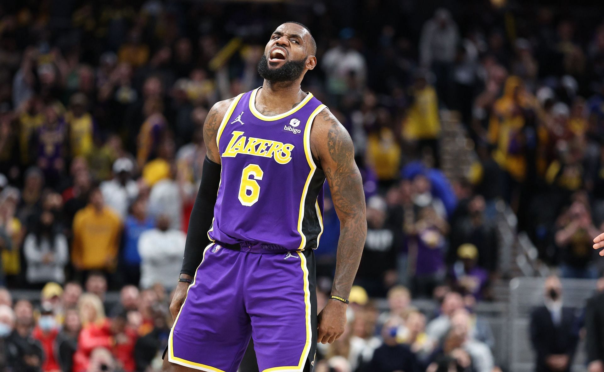 LeBron James of the Los Angeles Lakers celebrates in a 124-116 OT win against the Indiana Pacers at Gainbridge Fieldhouse on Nov. 24, 2021, in Indianapolis, Indiana.