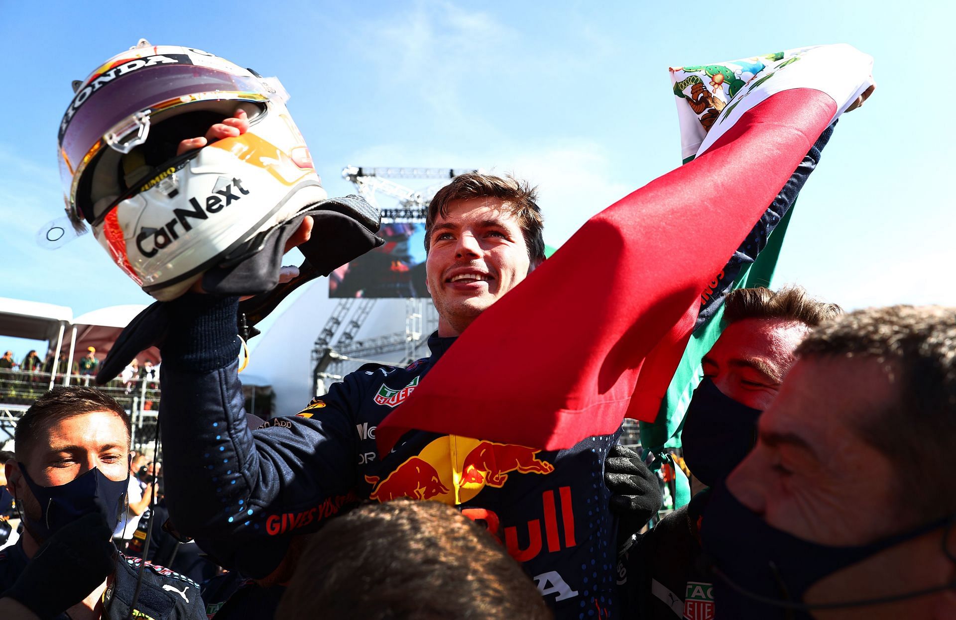 2021 Mexican GP winner Max Verstappen celebrates in parc ferme. (Photo by Mark Thompson/Getty Images)