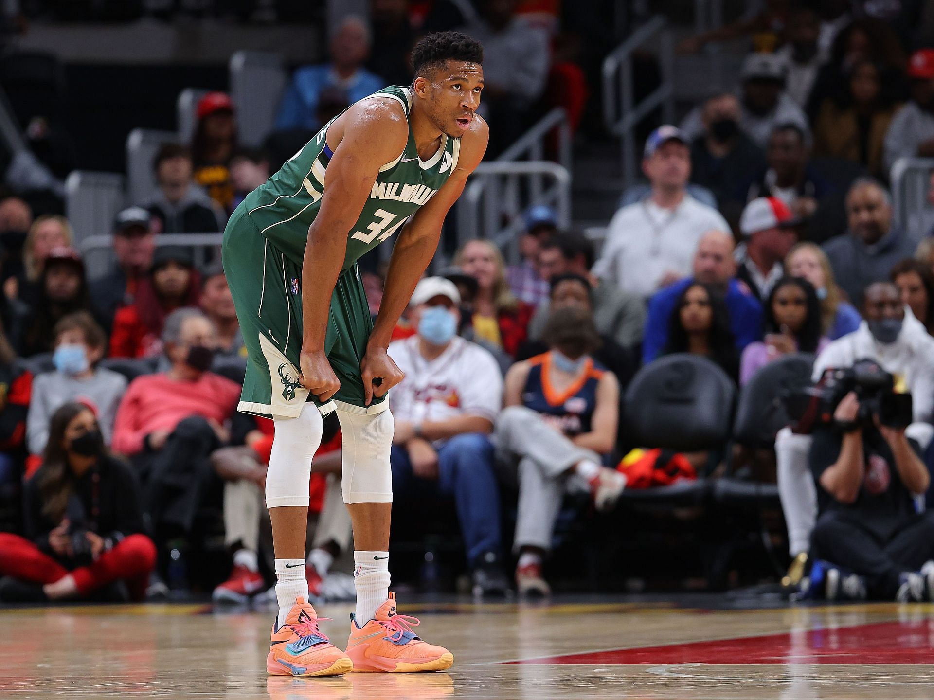 Giannis Antetokounmpo looks on at the Milwaukee Bucks v Atlanta Hawks game