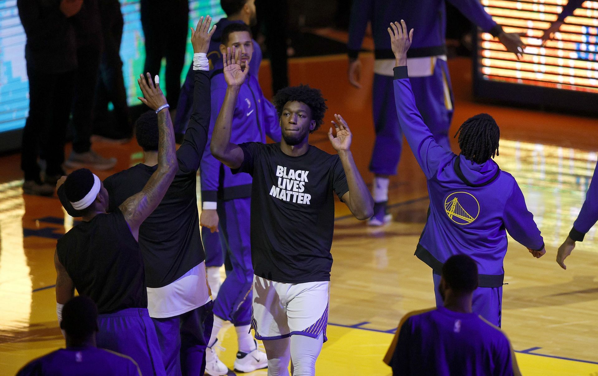 James Wiseman #33 of the Golden State Warriors walks onto the court for player introductions before their game against the Toronto Raptors at Chase Center on January 10, 2021 