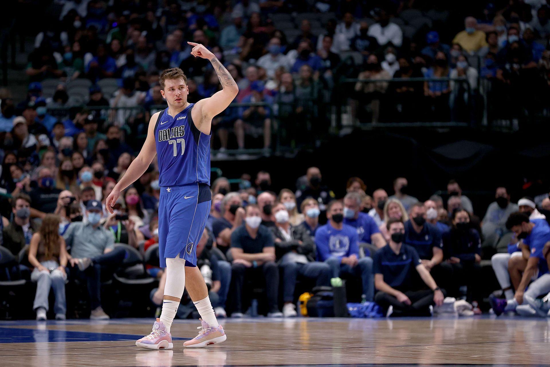 Luka Doncic #77 of the Dallas Mavericks reacts against the Sacramento Kings in the second half at American Airlines Center on October 31, 2021 in Dallas, Texas.