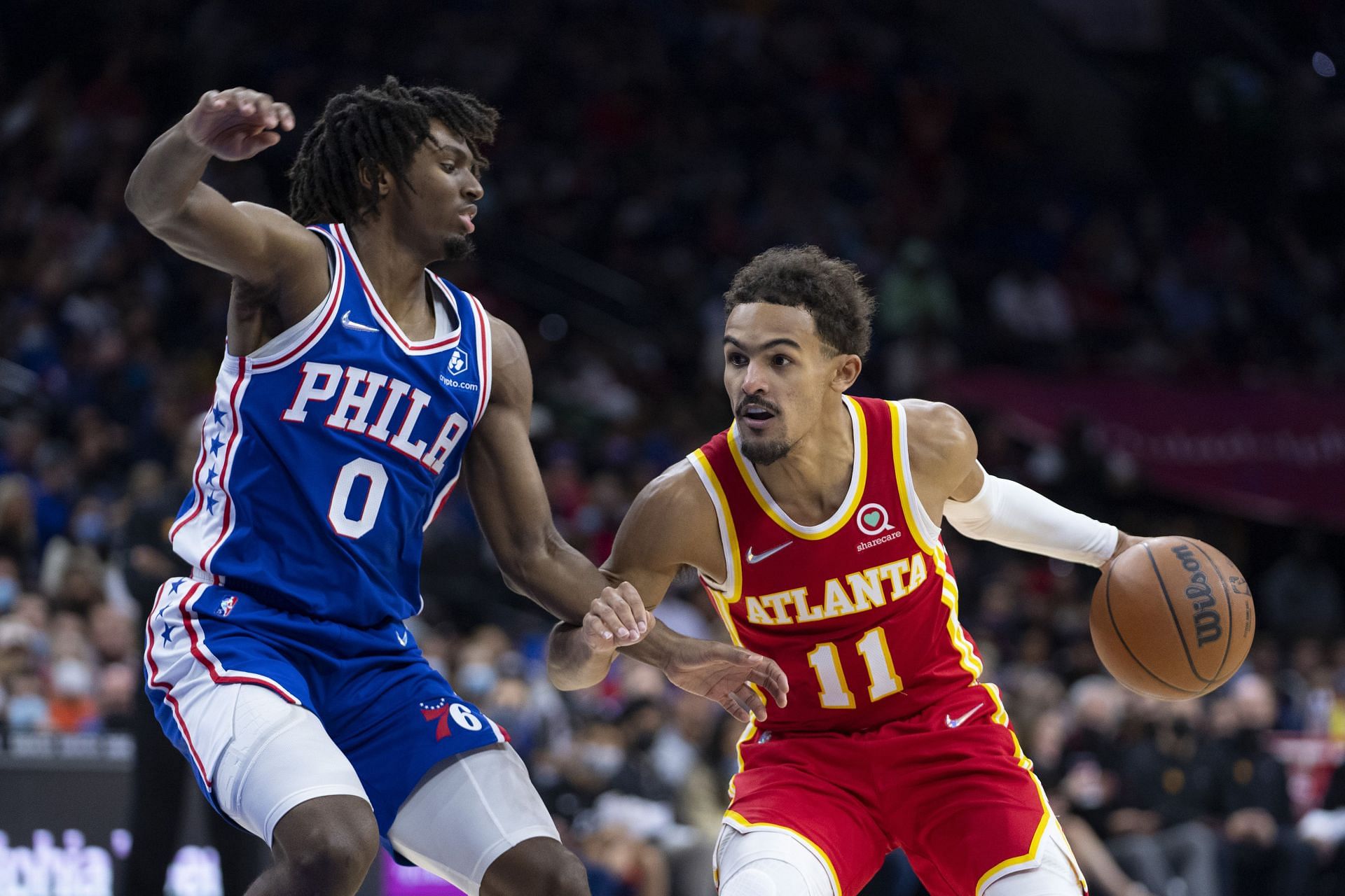 Trae Young #11 of the Atlanta Hawks drives to the basket against Tyrese Maxey #0 of the Philadelphia 76ers in the second half at the Wells Fargo Center on October 30, 2021 in Philadelphia, Pennsylvania.