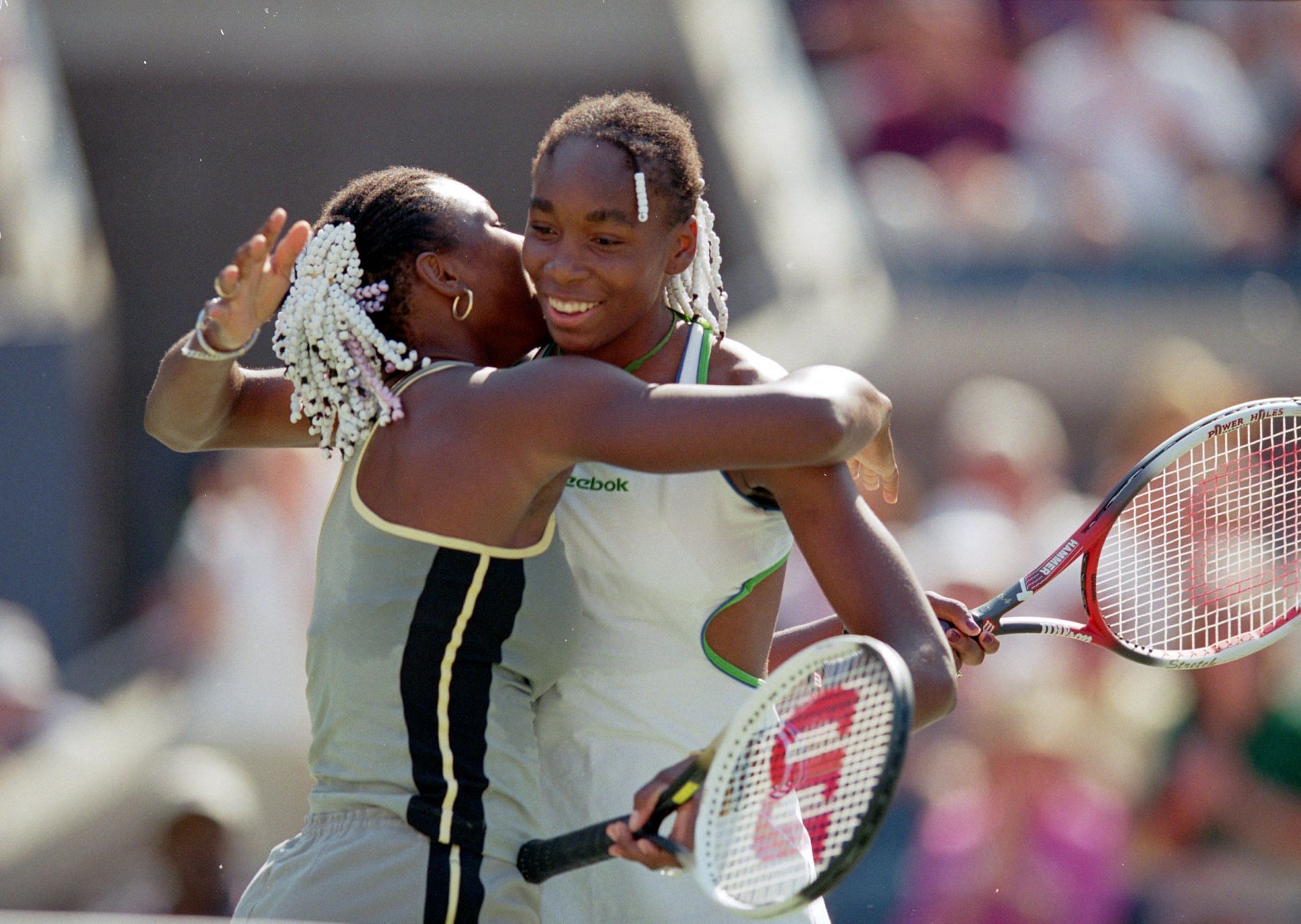 Serena (R) and Venus Williams during the women's doubles finasl of the 1999 US Open.