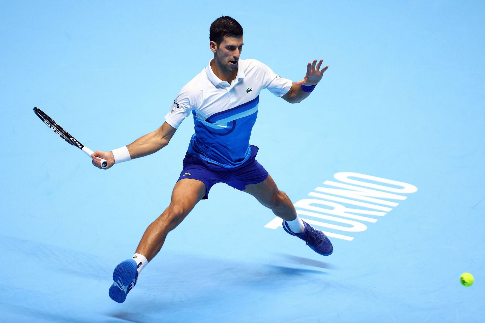 Novak Djokovic stretches for a forehand during his victory over Andrey Rublev at the 2021 Nitto ATP World Tour Finals