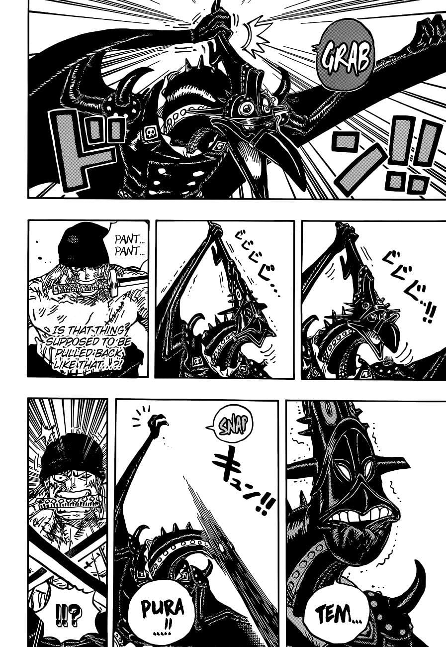 King&#039;s physiology gag as seen in One Piece Chapter 1032 during his fight with Zoro. (Image via onepiecechapters.com)