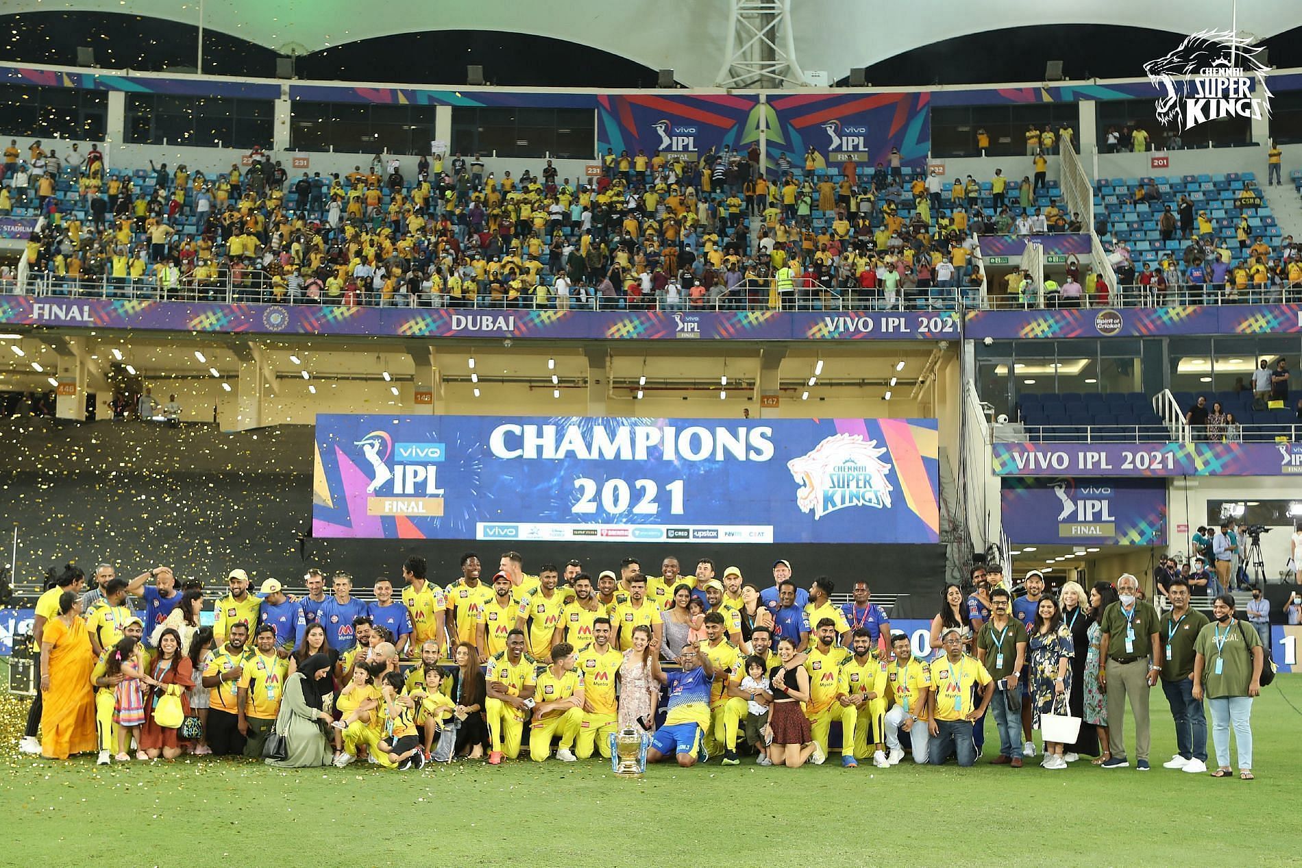 Chennai Super Kings (CSK) celebrate after winning IPL 2021. Pic: IPLT20.COM