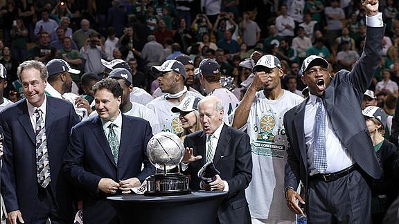 Doc Rivers, Celtics management and his team celebrate beating Orlando in the 2010 ECF