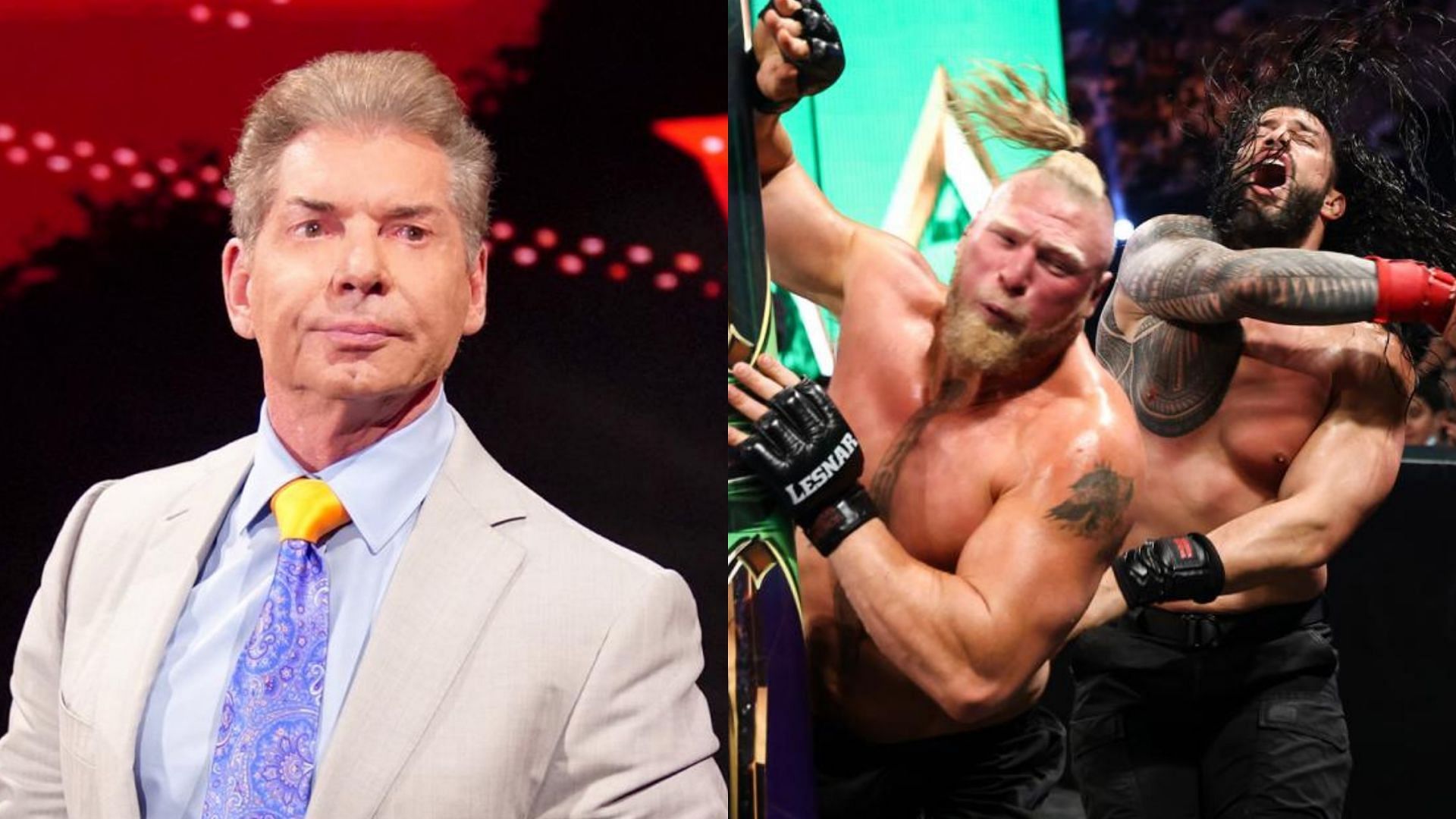 Vince McMahon, Brock Lesnar, and Roman Reigns.
