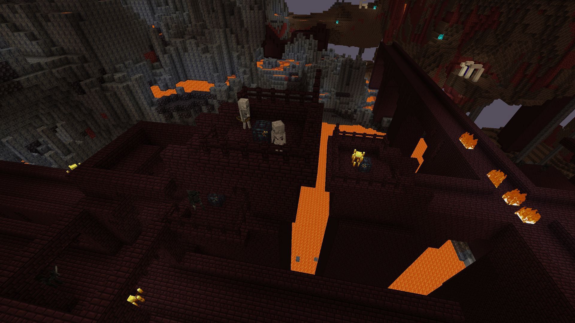 Nether fortress with three blaze spawners (Image via Minecraft)