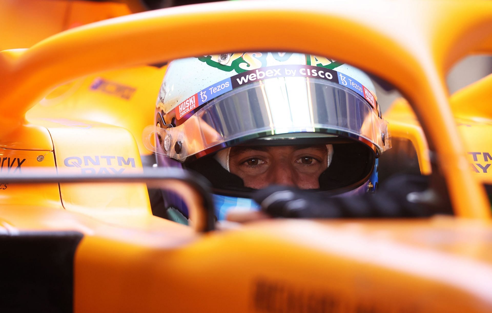 Daniel Ricciardo of McLaren F1 prepares to drive in the garage. (Photo by Lars Baron/Getty Images)