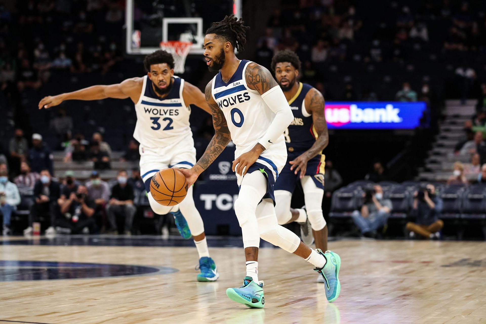 D'Angelo Russell (#0) of the Minnesota Timberwolves dribbles the ball.