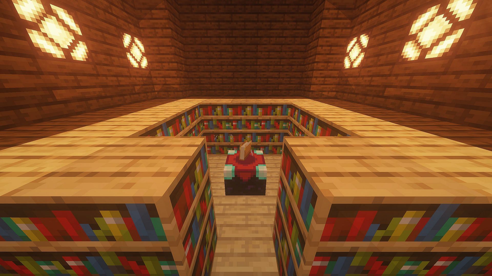 An enchanting table surrounded by bookshelves (Image via Minecraft)