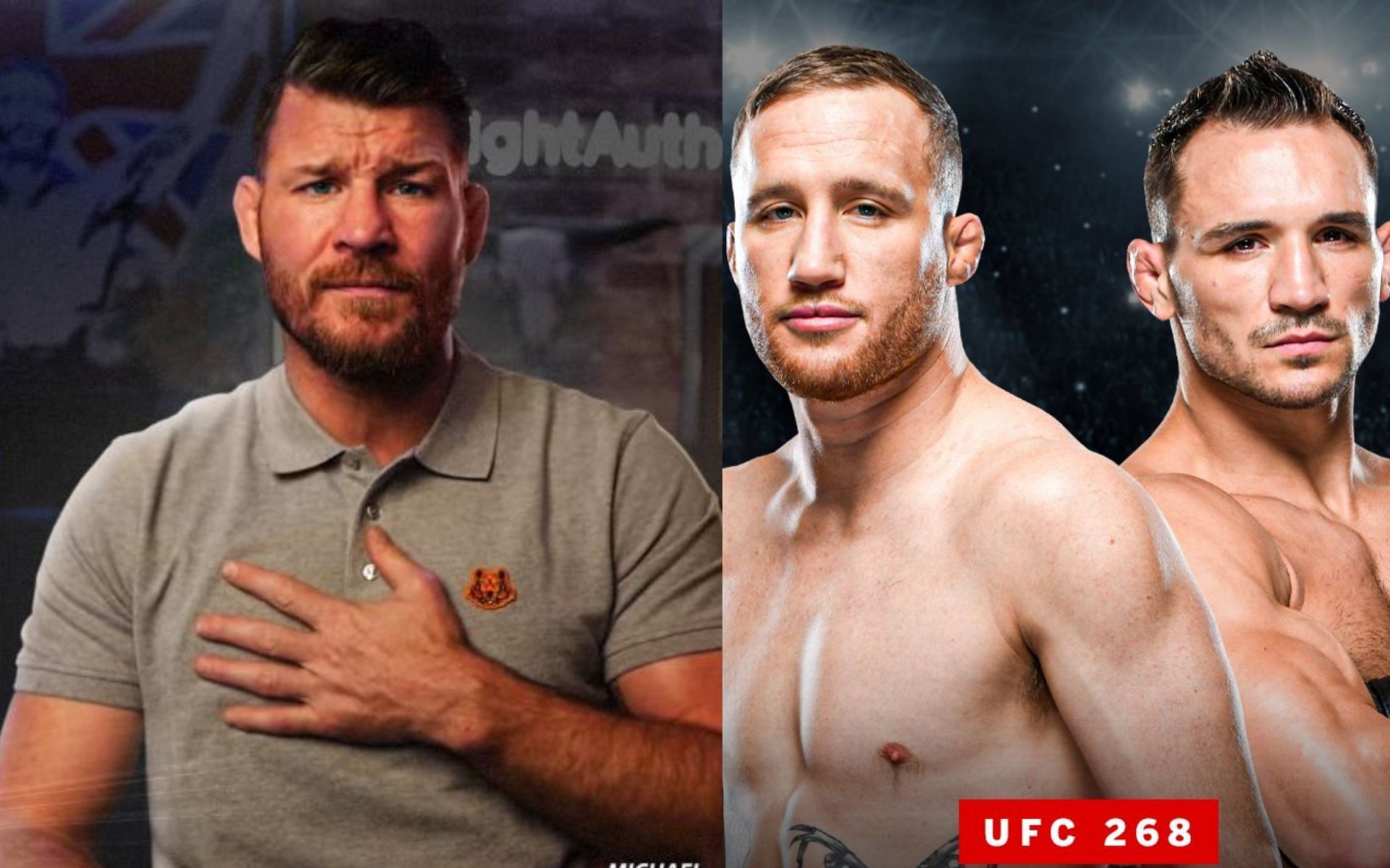 Michael Bisping (left), Justin Gaethje vs Michael Chandler poster (right) [Credits: @bisping, @espnmma via Twitter]