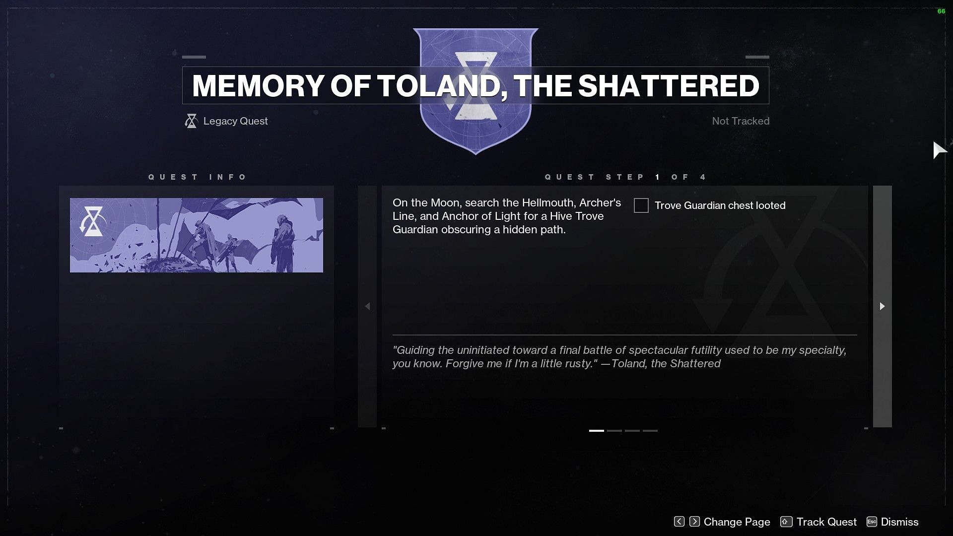 A memory of Toland, The Shattered quest step (Image via Destiny 2)