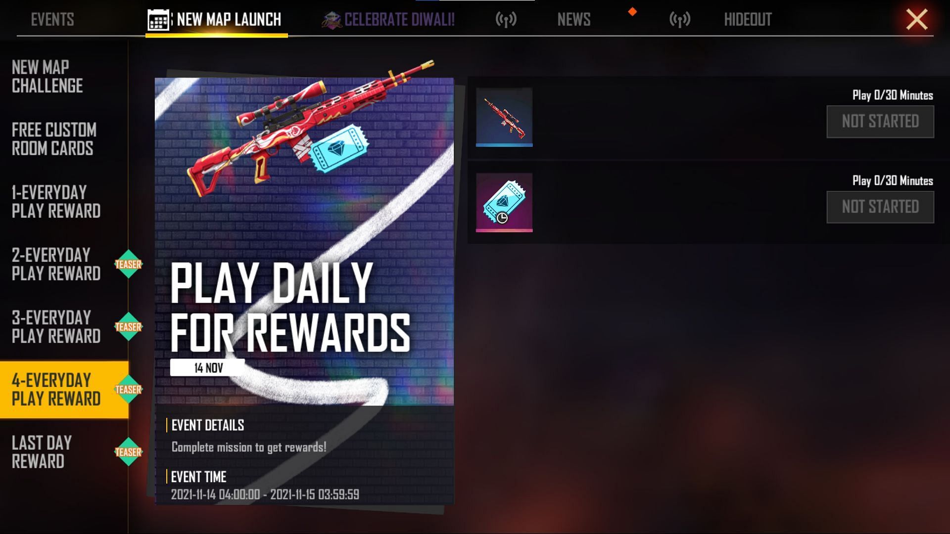 Players can get a free permanent gun skin from this event by playing for 30 minutes (Image via Free Fire)