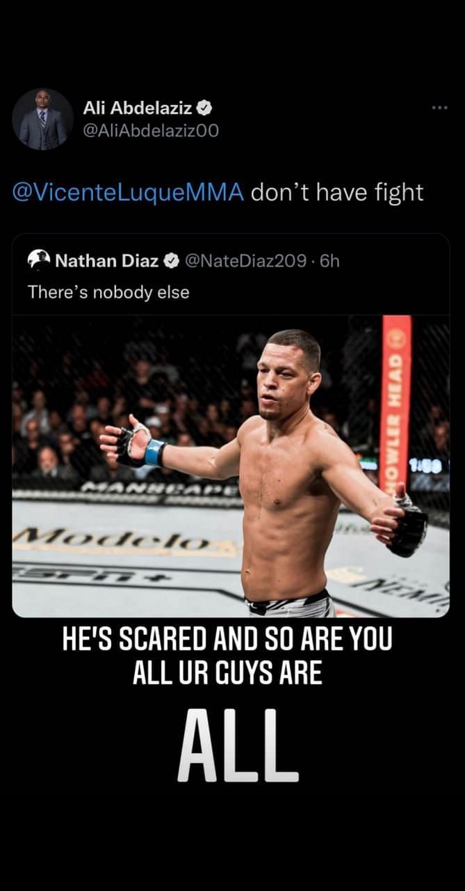 Screenshot of Nate Diaz&#039;s response to Ali Abdelaziz on his Instagram story