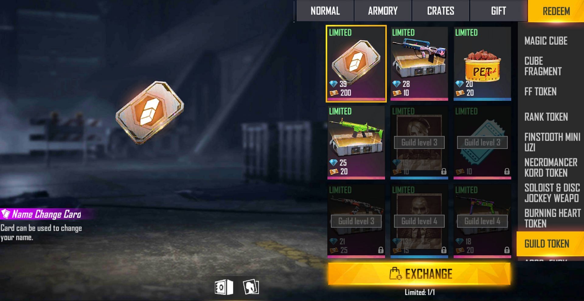 Find the &quot;Name Change Card&quot; and click on it (Image via Free Fire)