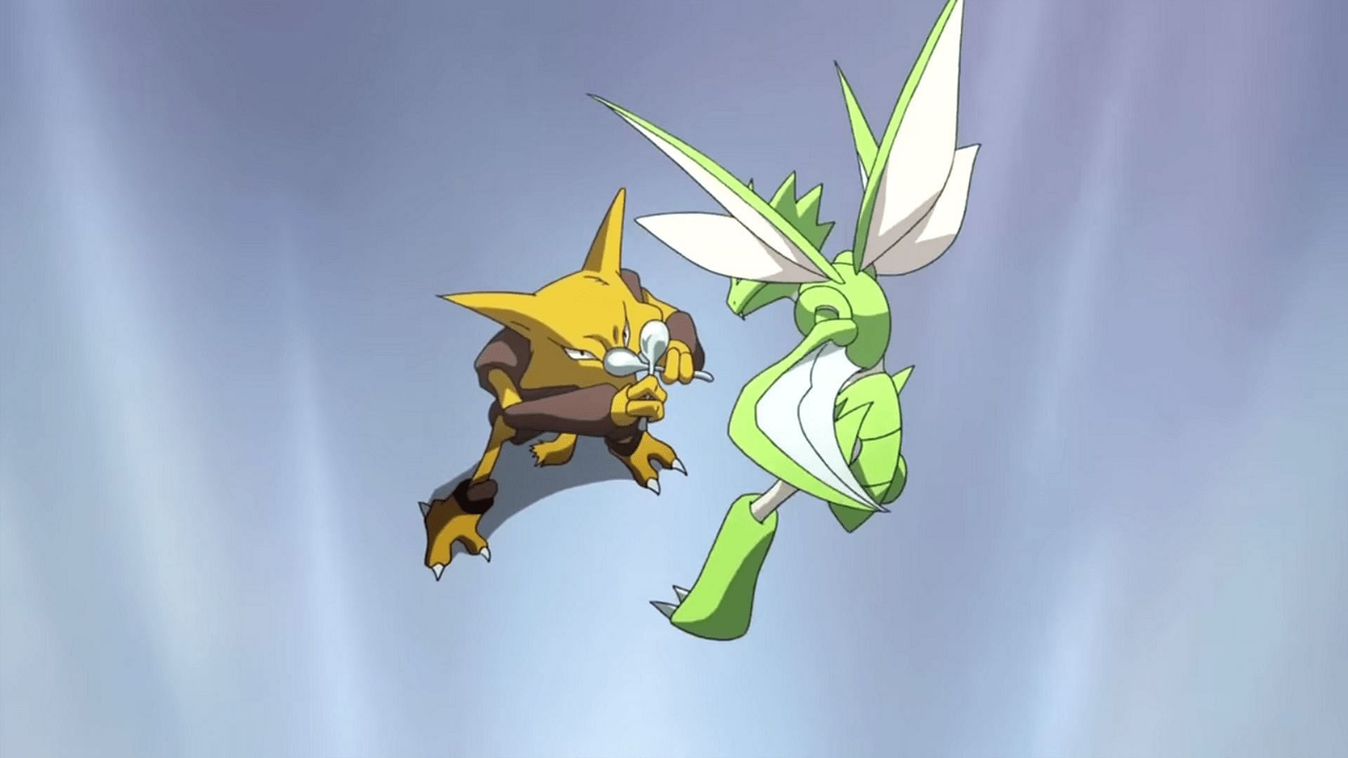 Blue&#039;s Alakazam facing off against a Scyther in Pokemon Origins (Image via The Pokemon Company)