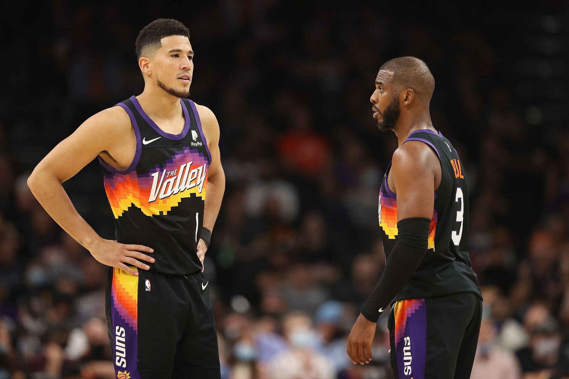 Devin Booker and Chris Paul of the Phoenix Suns