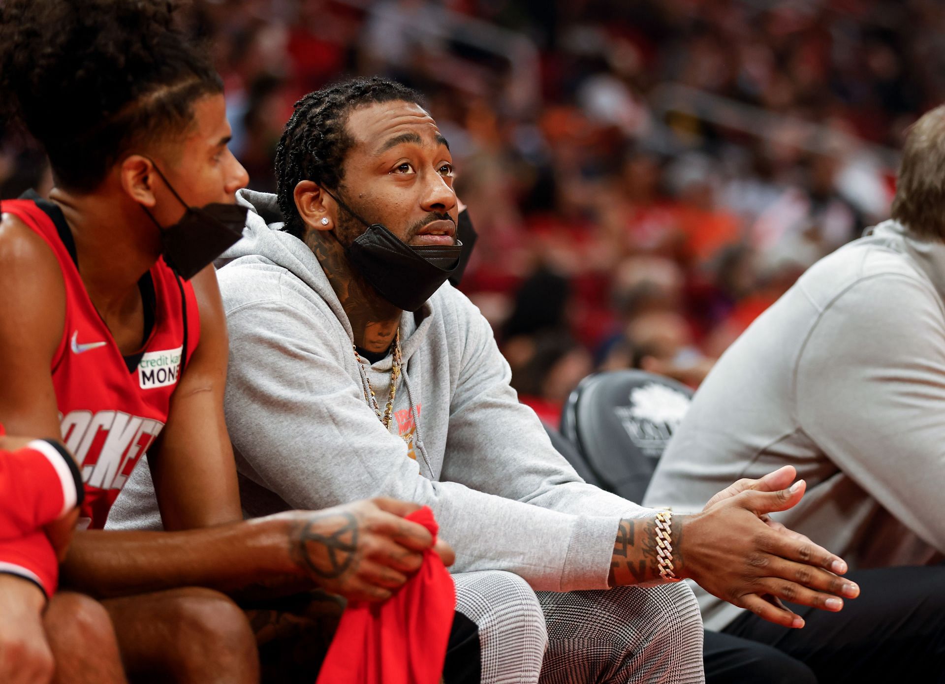 John Wall looks on at the Oklahoma City Thunder v Houston Rockets game
