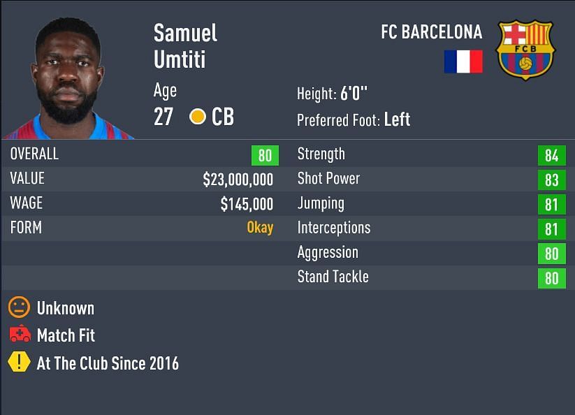 Umtiti has the injury prone trait on FIFA 22 (Image via Sportskeeda)