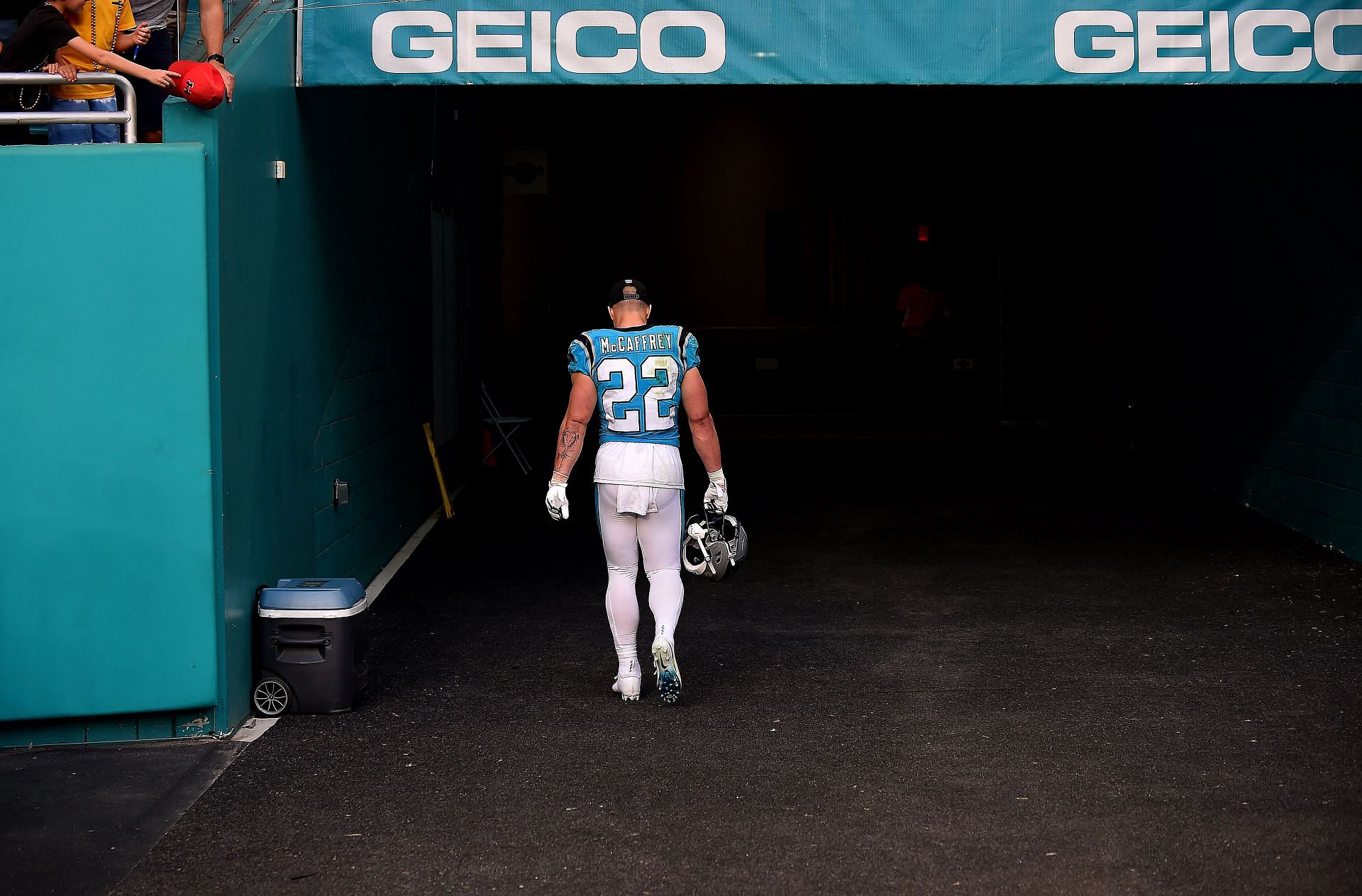 McCaffrey leaves the field after Sunday&#039;s humiliating loss in Miami (Photo: Getty)