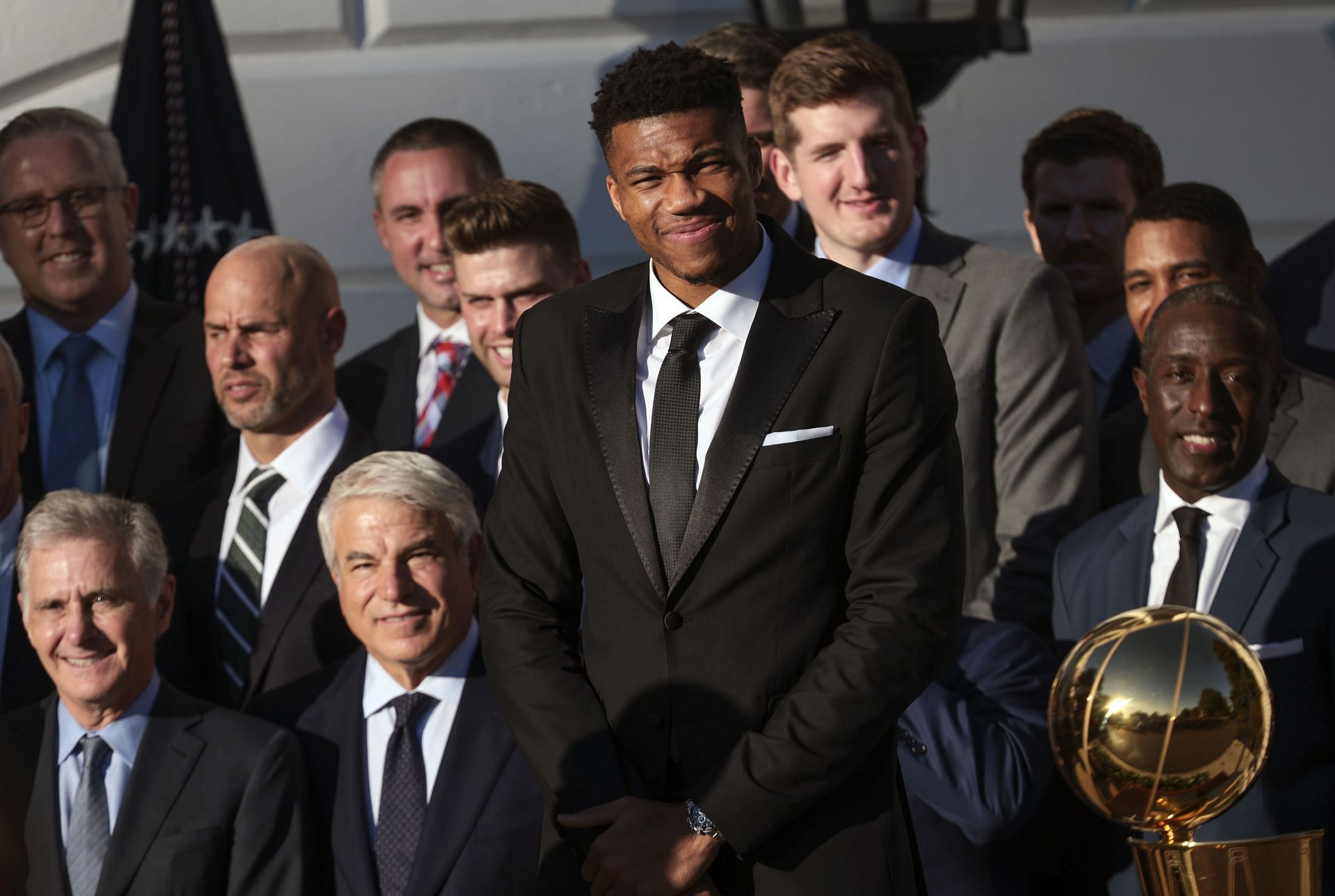 Giannis Antetokounmpo and the Milwaukee Bucks visit the White House to celebrate their 2021 NBA championship with United States President Joe Biden