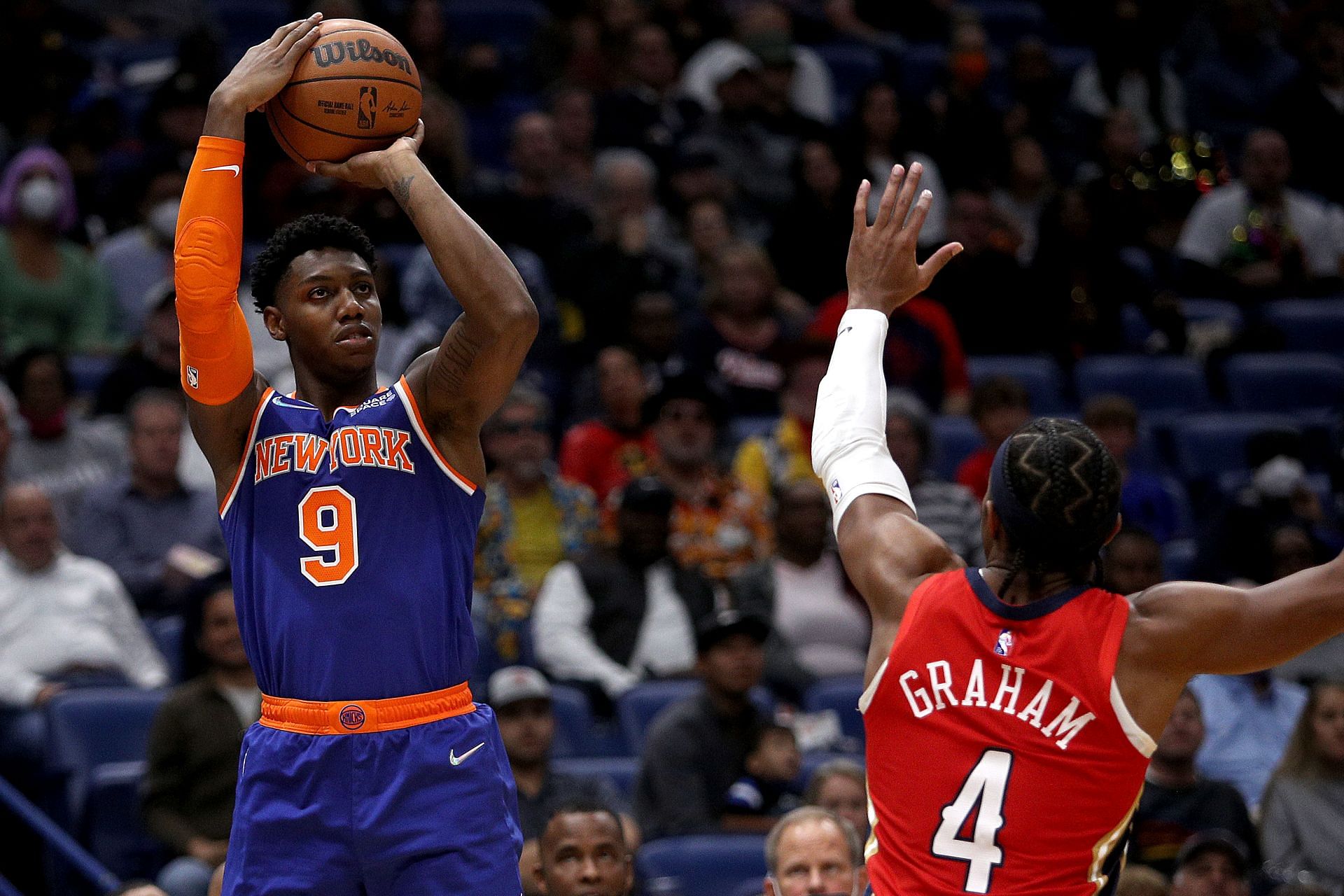 RJ Barrett in action during New York Knicks v New Orleans Pelicans