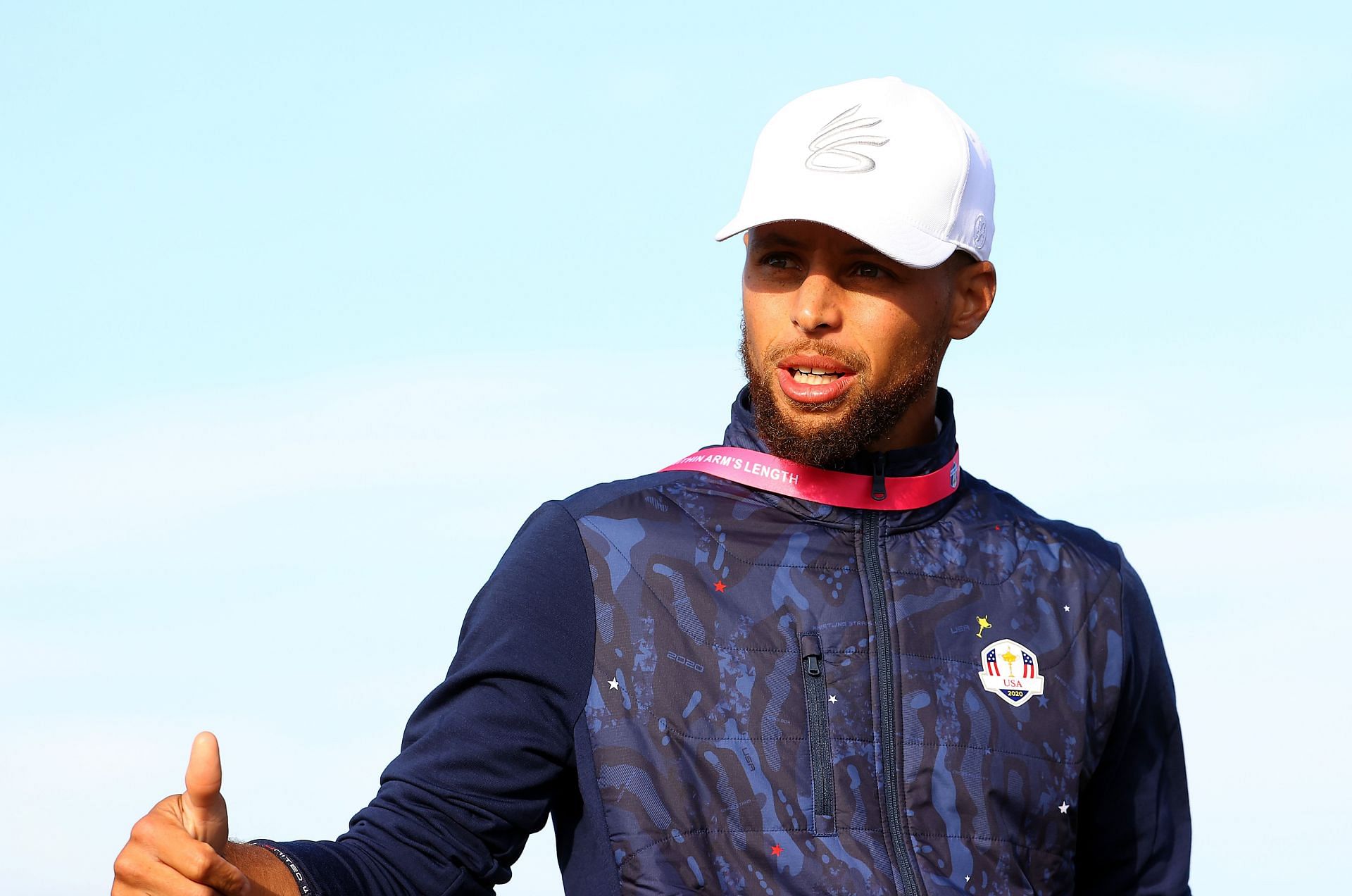 Steph Curry looks on during Friday Afternoon Fourball Matches of the 43rd Ryder Cup at Whistling Straits