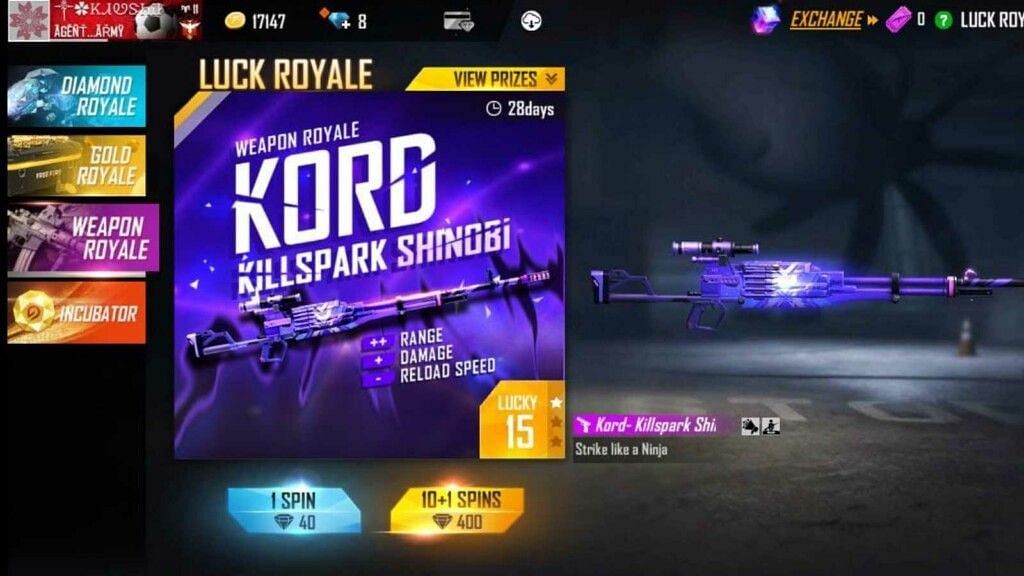 Killspark Shinobi Kord weapon skin in Free Fire (Image via Garena)