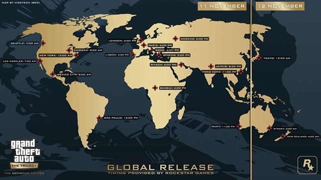 GTA Trilogy global release map shows confirmed time for all regions