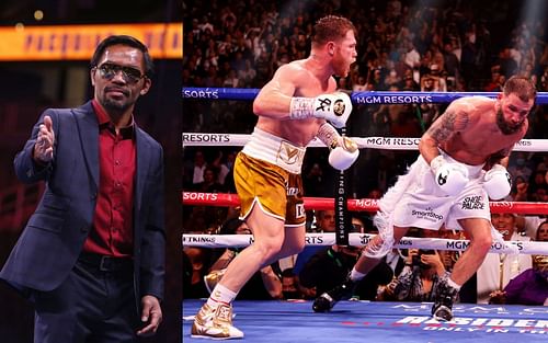 Manny Pacquiao (left), Canelo Alvarez (center) & Caleb Plant (right)