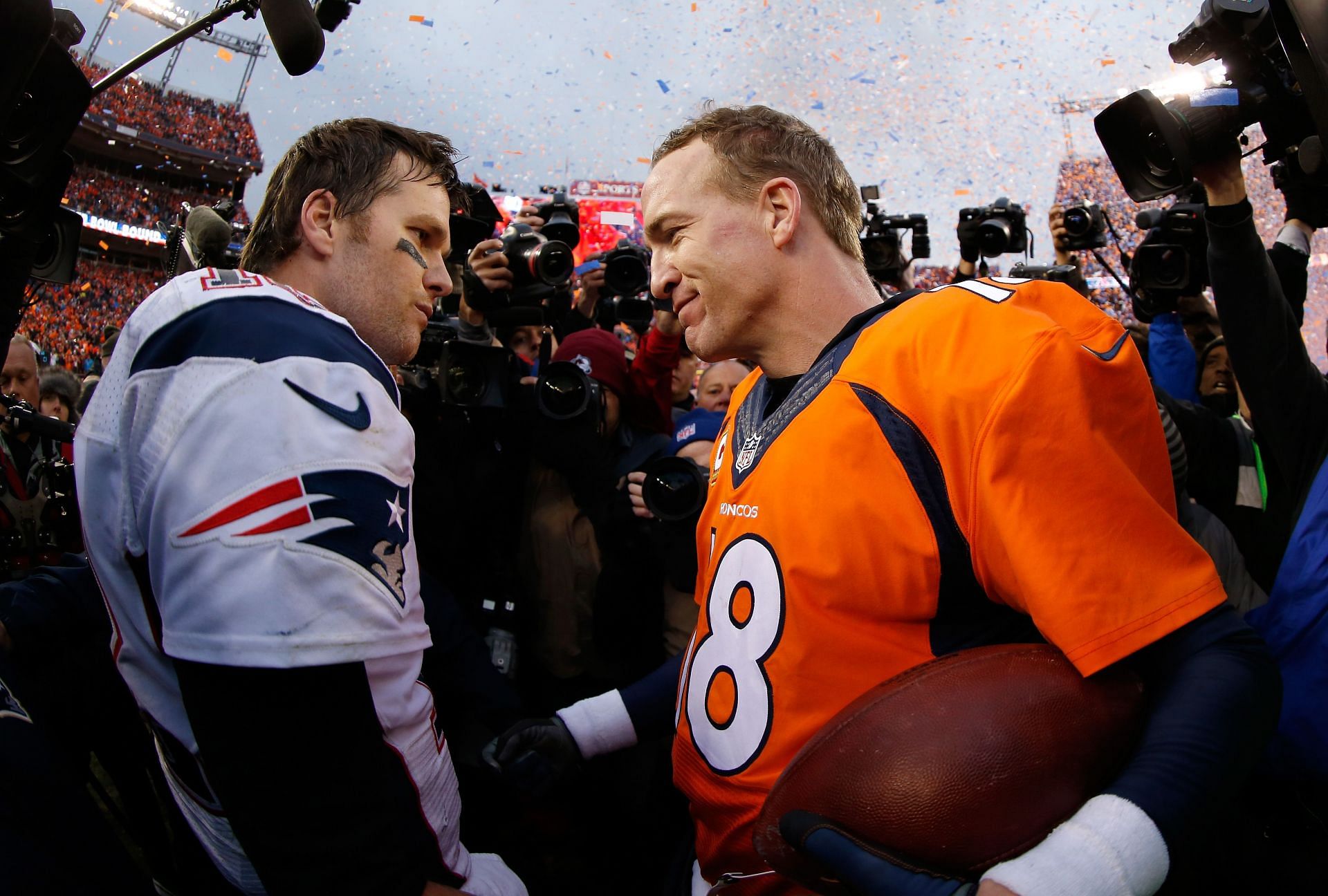 Brady and Manning after their final postseason meeting in 2016 (Photo: Getty)