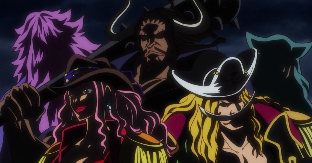 The Rocks Pirates as shown in the anime, with younger Yonko Kaido, Big Mom, and Whitebeard highlighted. The purple haired figure in the top left is Rocks D. Xebec, captain of the Rocks Pirates. (Image via Toei Animation)