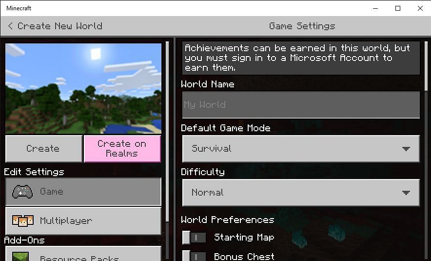 Creating a new world will bring these settings up (Image via Minecraft)
