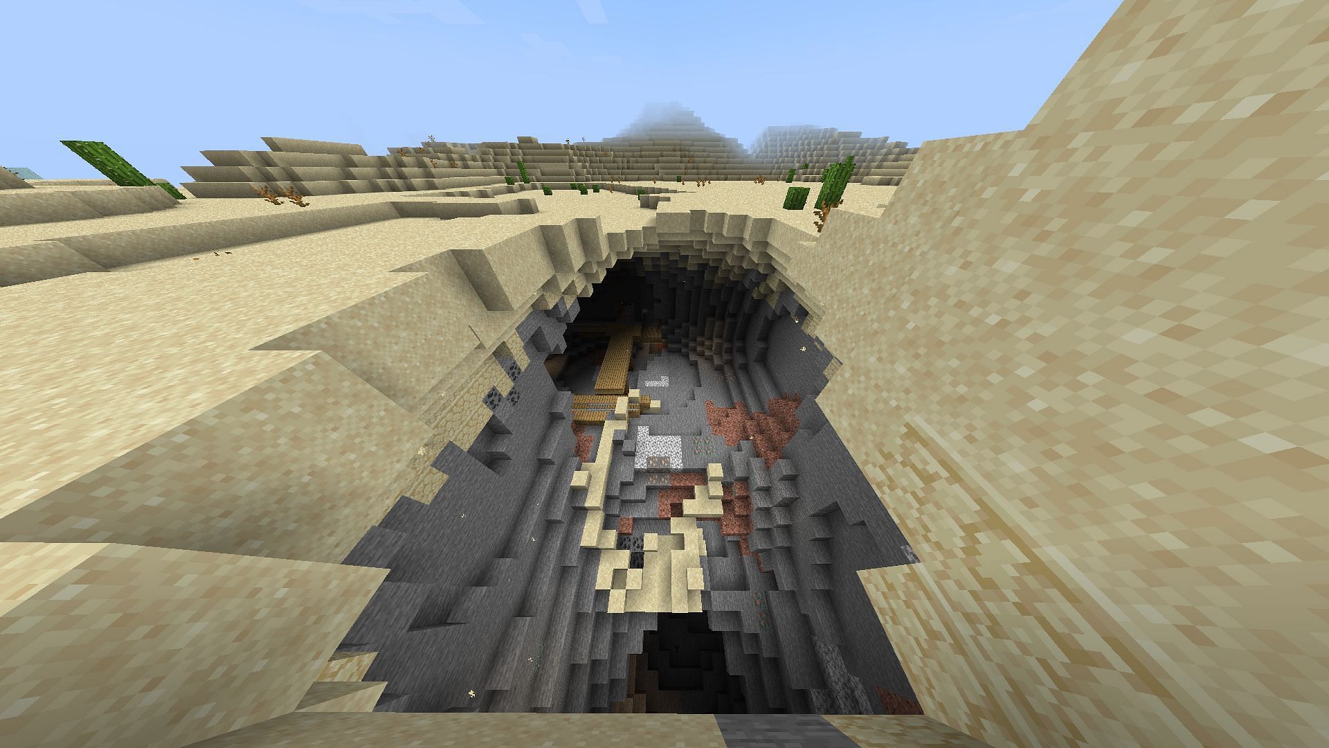 The exposed mineshaft viewed from above (Image via Minecraft)