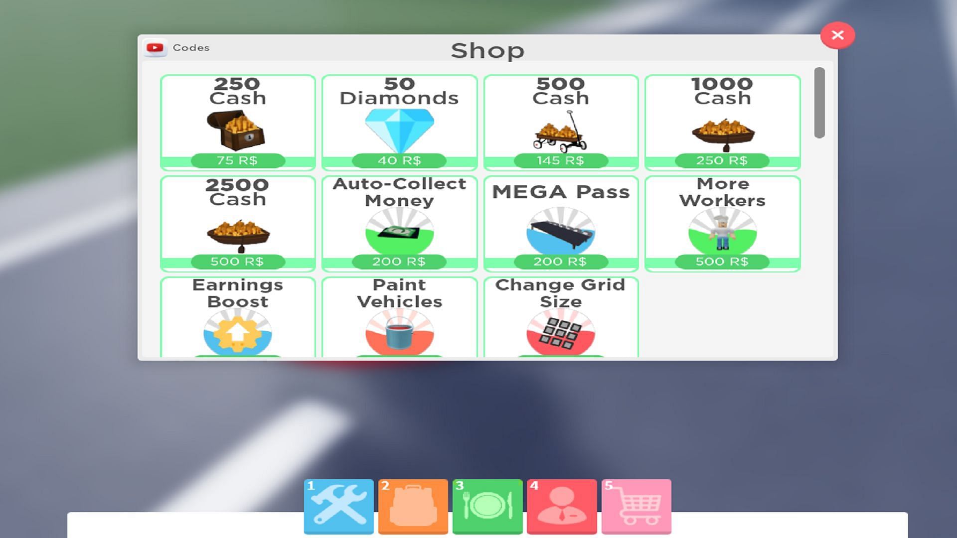 Use the YouTube icon to redeem codes (Image via Roblox)