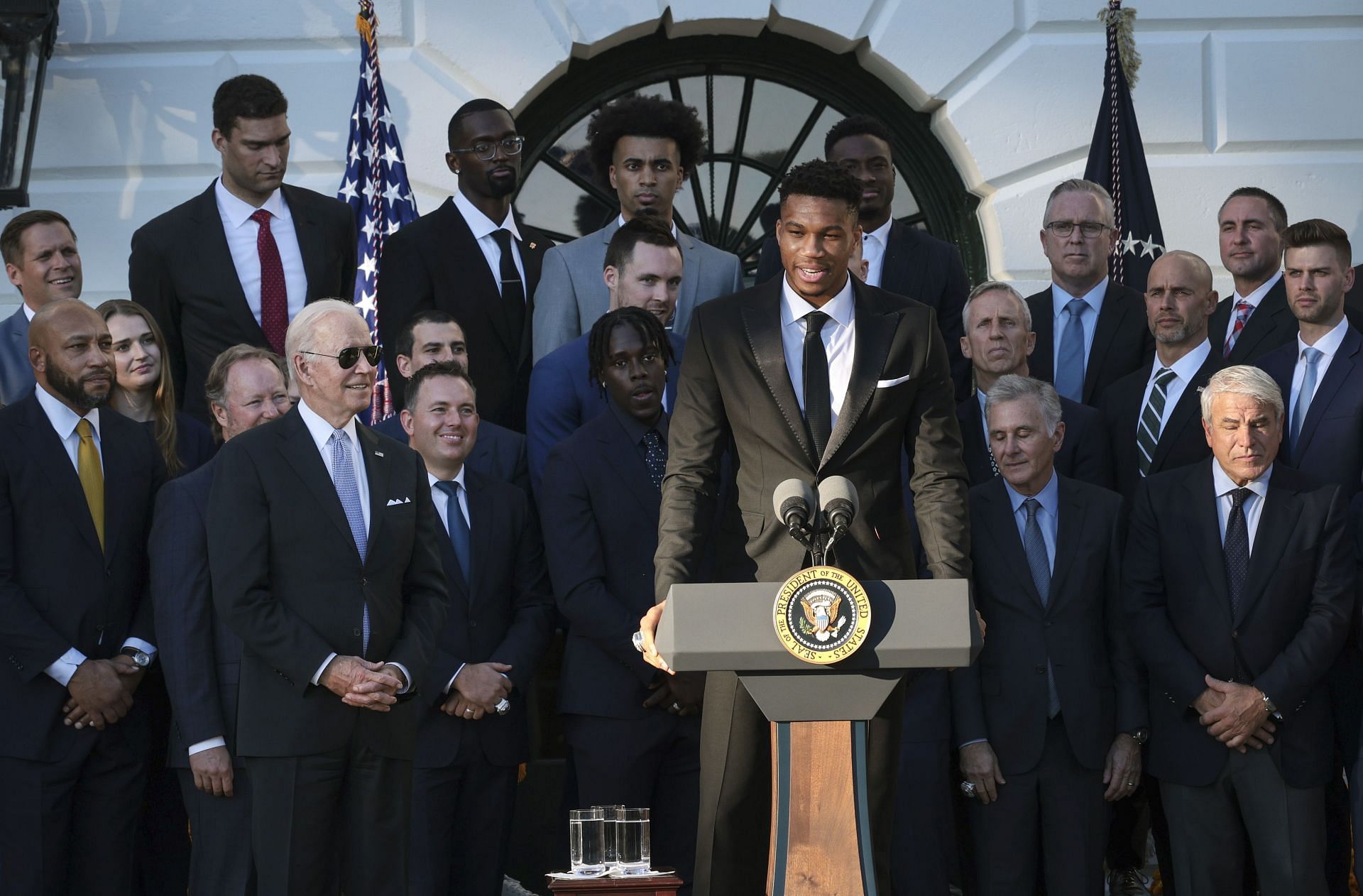 Giannis Antetokounmpo of the Milwaukee Bucks delivers remarks during an event where U.S. President Joe Biden honored the Bucks for winning the 2021 NBA Championship, on the South Lawn at the White House on November 08, 2021 in Washington, DC.