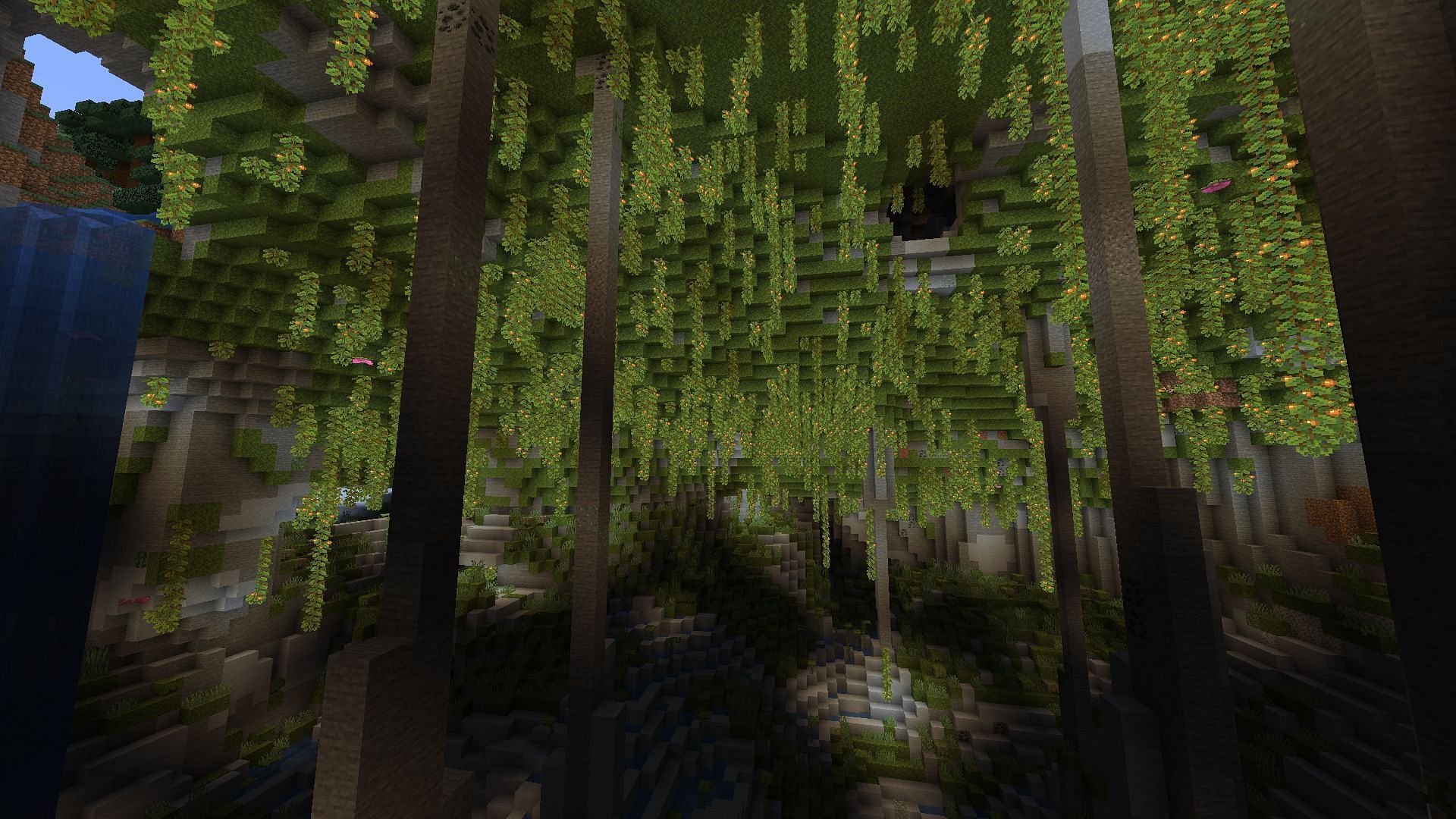 A huge lush cave in Minecraft 1.18 pre-release 7 (Image via Minecraft)