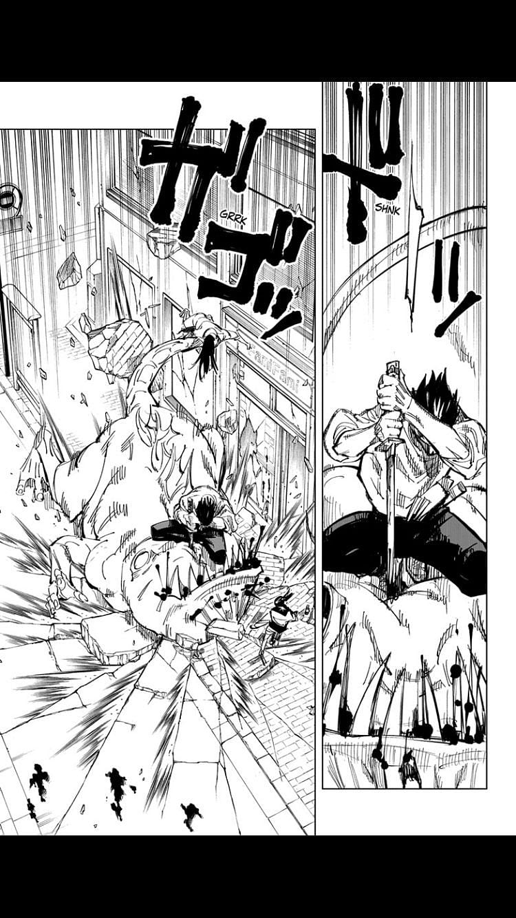 Yuta&#039;s immense strength and Cursed Energy on display here, as he saves a little girl from becoming spirit food. (Image via Shueisha Shonen Jump)
