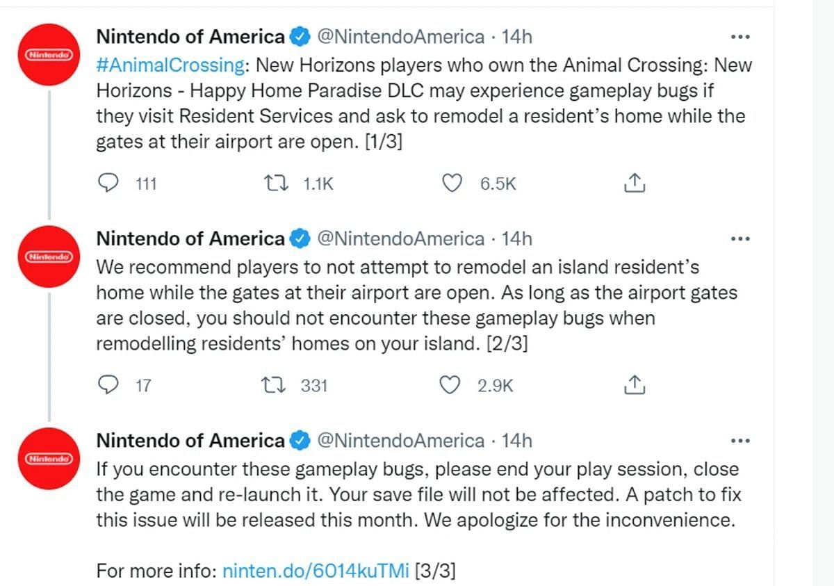Nintendo&#039;s statement regarding the ongoing issues (Image via Nintendo, Twitter)