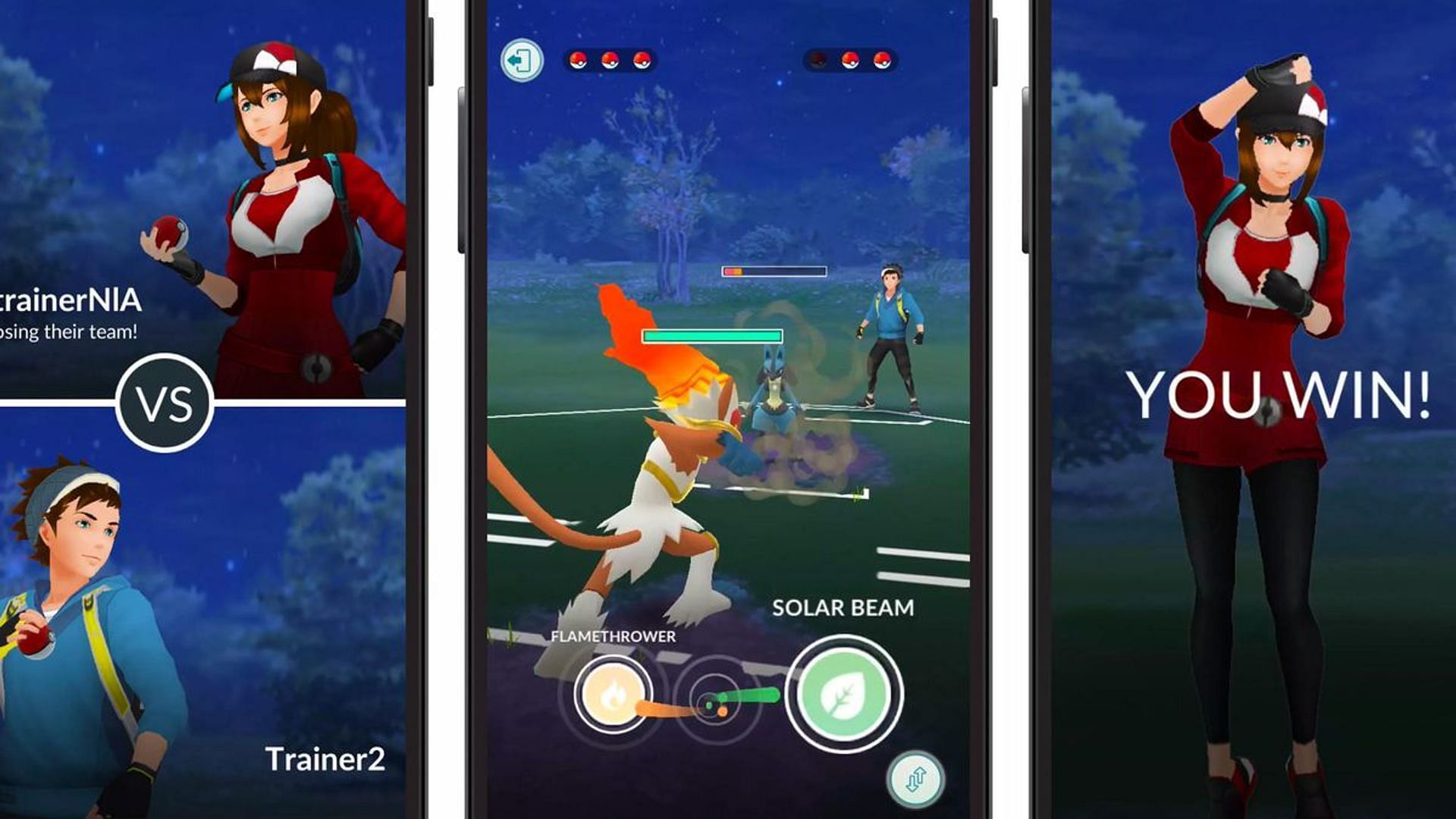 Various screenshots of how a Trainer Battle appears in Pokemon GO (Image via Niantic)