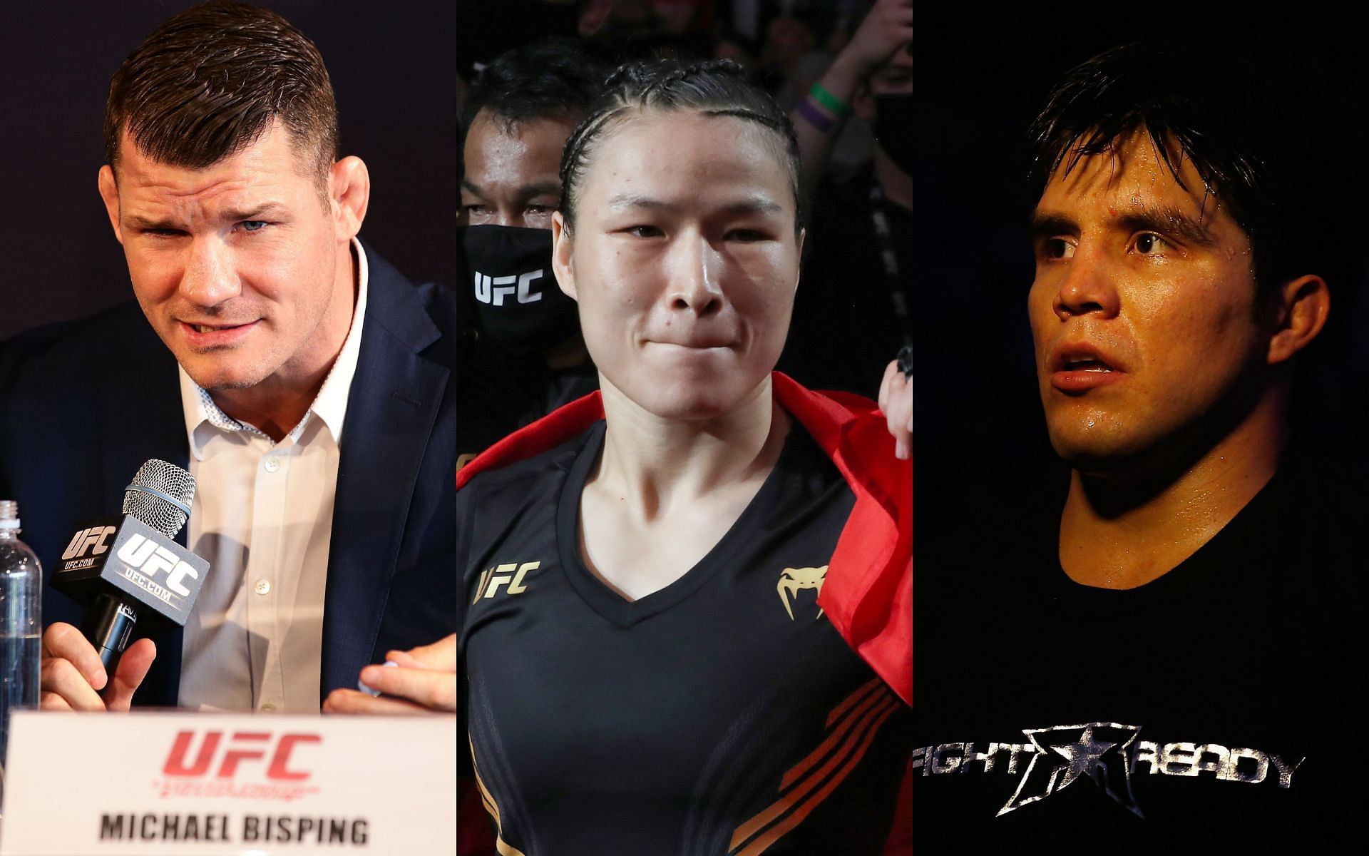 Michael Bisping (left), Zhang Weili (center) and Henry Cejudo (right)