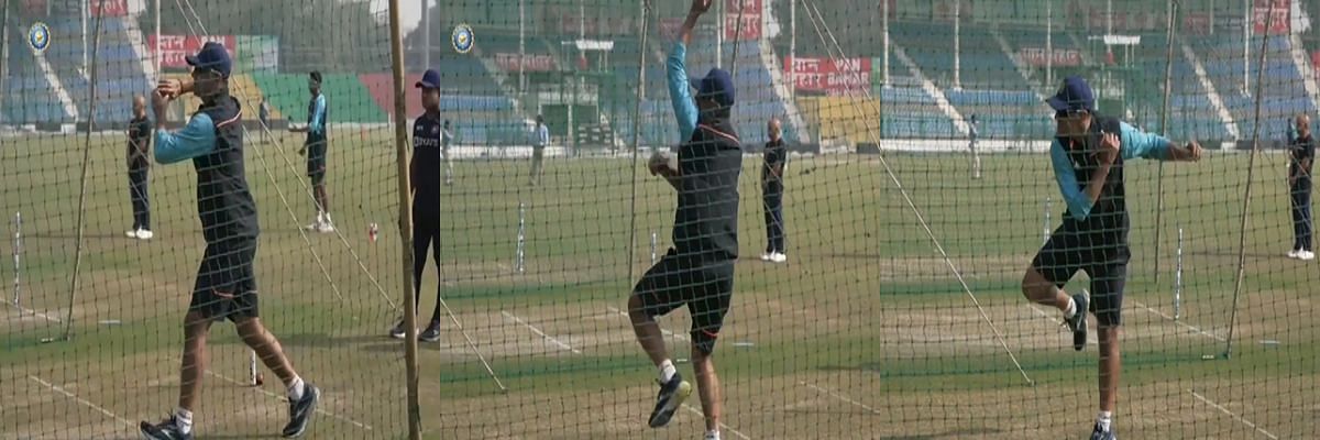 Team India coach Rahul Dravid bowling in the nets. Pics: BCCI