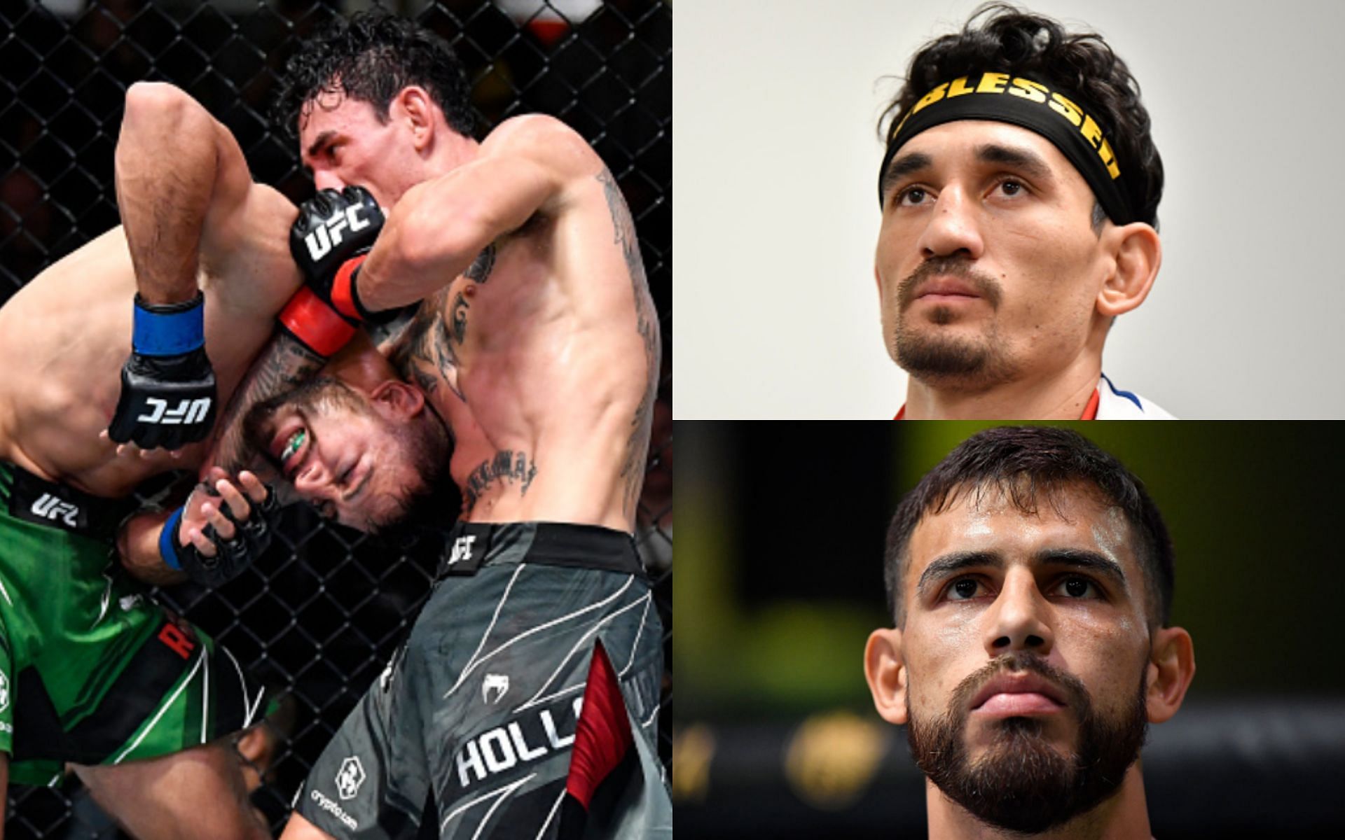 Rodriguez defends against a submission attempt from Holloway (left); Max Holloway (top right); Yair Rodriguez (bottom right)