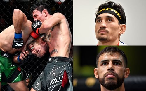 Rodriguez defends against a submission attempt from Holloway (left); Max Holloway (top right); Yair Rodriguez (bottom right)