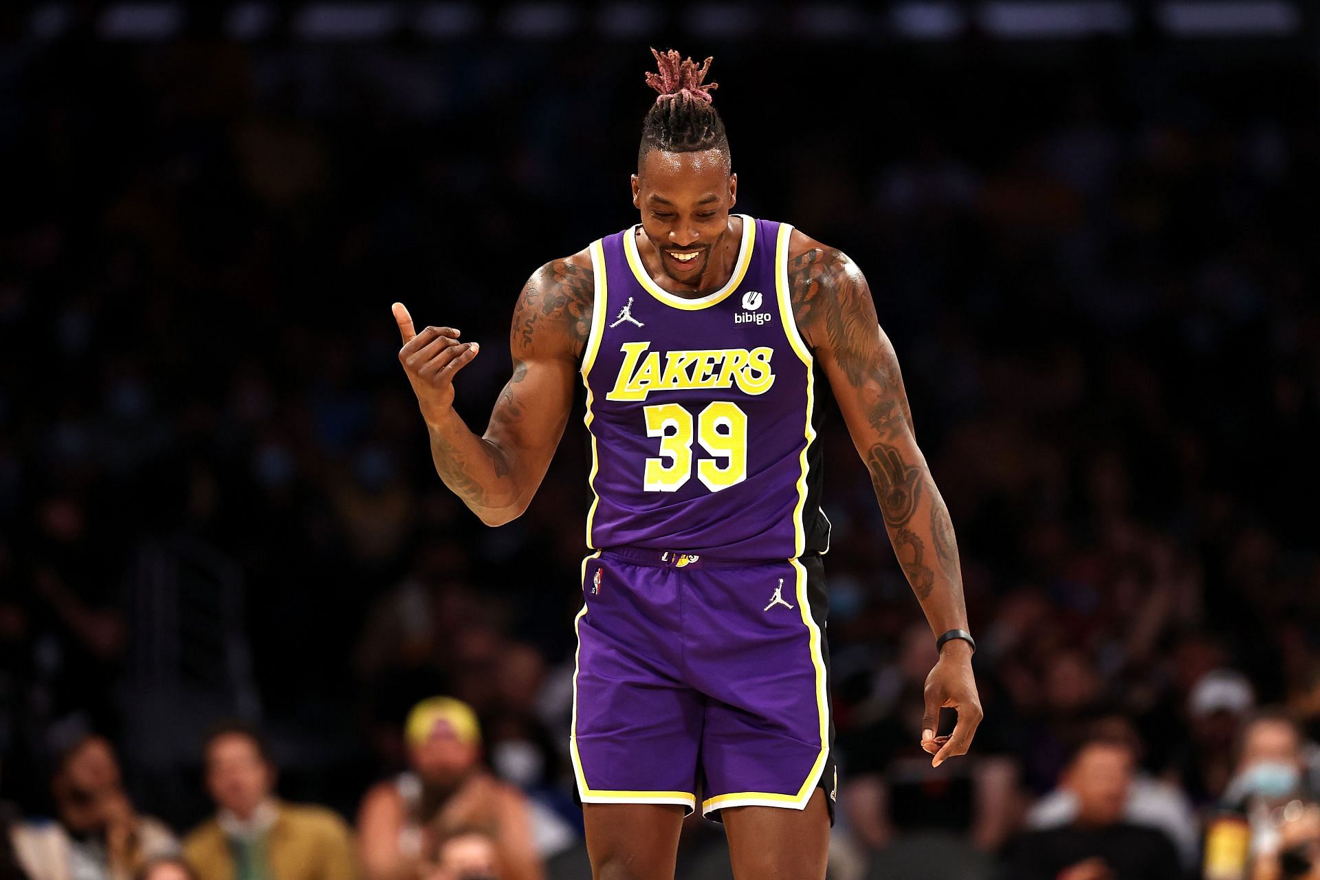 Dwight Howard #39 of the Los Angeles Lakers reacts after being fouled during the first half of a game against the Miami Heat at Staples Center on November 10, 2021 in Los Angeles, California.