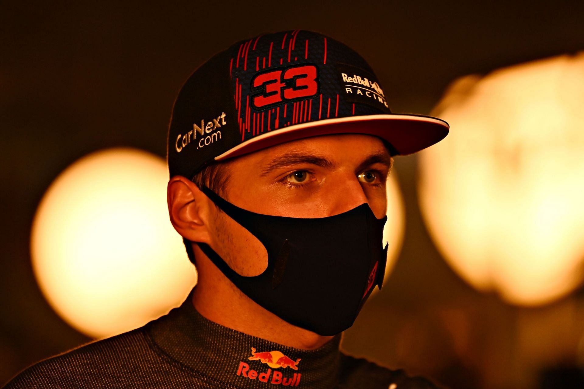 Second place qualifier Max Verstappen talks to the media in the paddock after qualifying ahead of the 2021 Qatar GP.