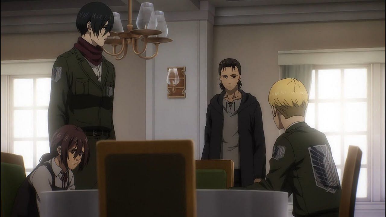 Mikasa and Armin turn away from their conversation with Gabi to shockingly see Eren approaching them (Image via MAPPA Studio)