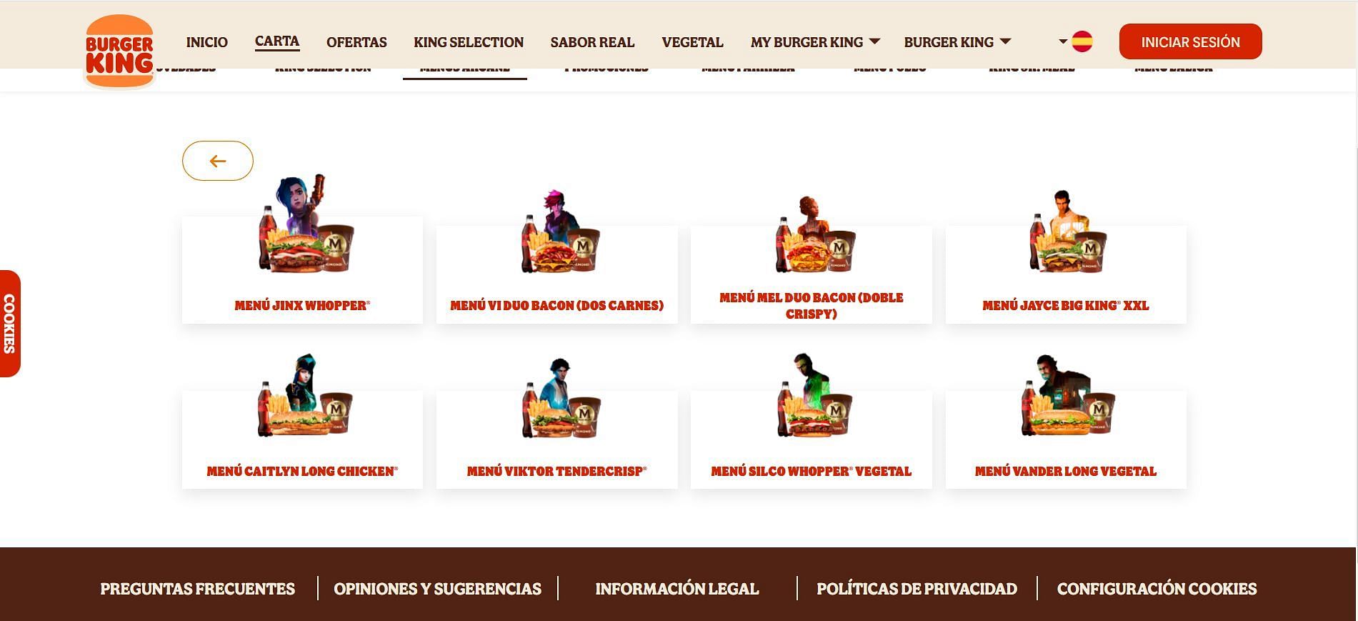 The Arcane-themed menu as shown on the Spanish Burger King website (Image via Burger King)